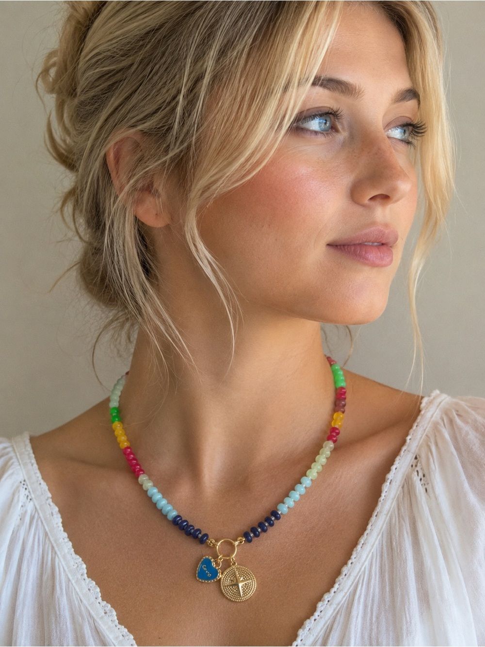 Gold Compass & Blue Heart Charm Beaded Necklace - Blue Multi